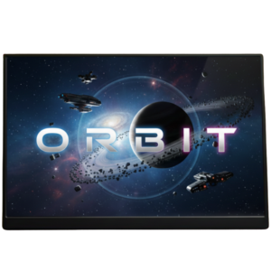 HD portable monitor display featuring the Vizvu Orbit logo and high-resolution space-themed wallpaper.