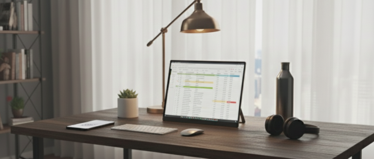 Minimalist home office desk setup with a monitor displaying a spreadsheet and organized workspace accessories.